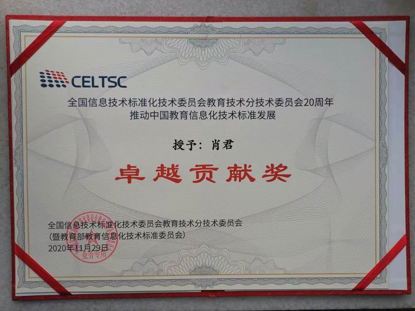 技术标准化技术委员会教育技术分技术委员会成立20 周年卓越贡献奖